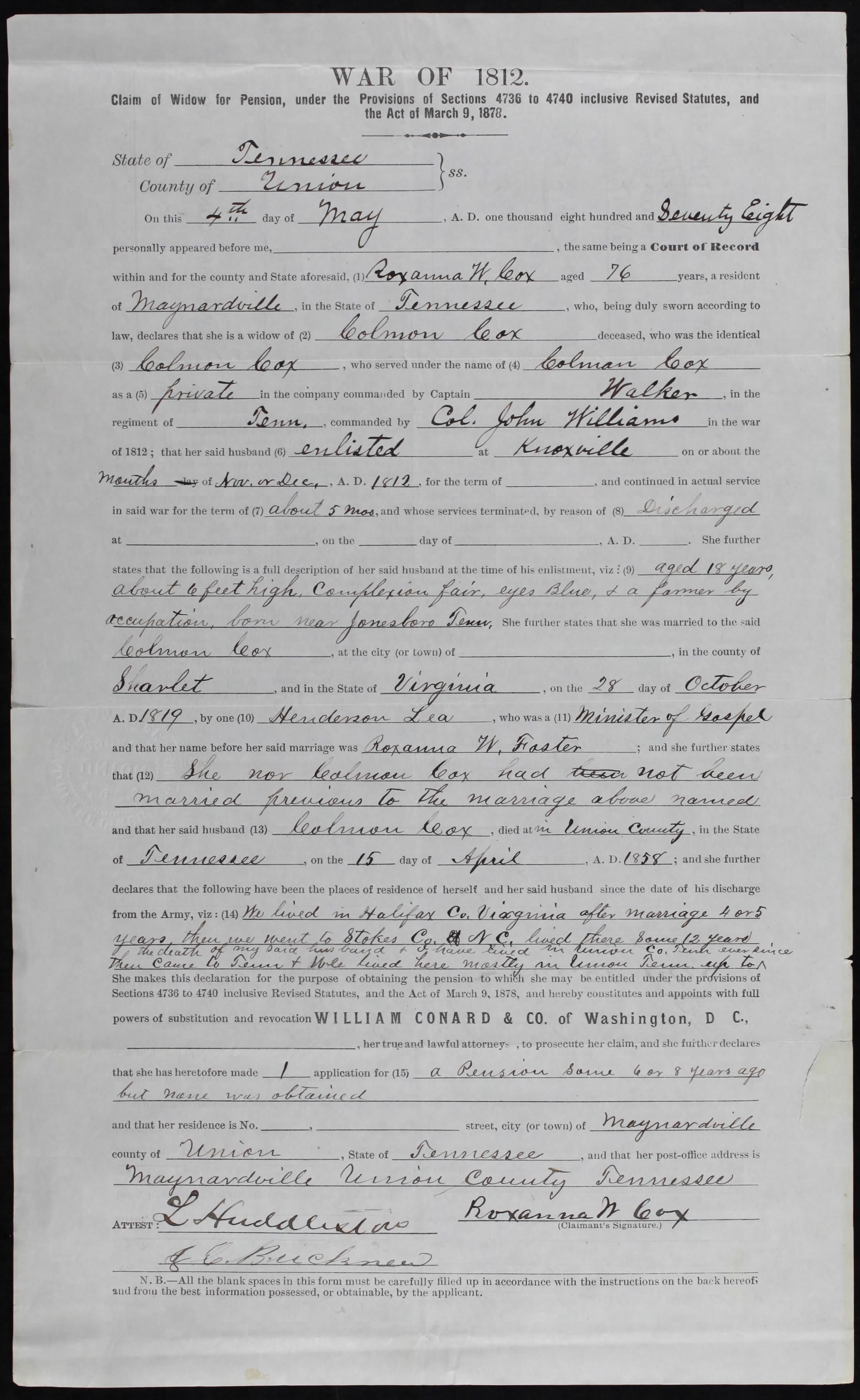 Cox Coleman, proof of birth, marriage, residence, attest cousin John C ...